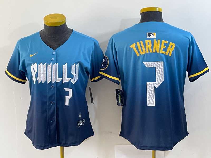 Women%27s Philadelphia Phillies #7 Trea Turner Number Blue 2024 City Connect Limited Stitched Jerseys